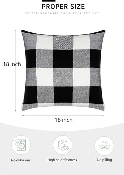 Syntus Set of 2 Buffalo Check Throw Pillow Covers Farmhouse Outdoor Plaid Square Pillow Cushion Case Black and White Polyester Linen for Christmas Thanksgiving Decor Car Bed Sofa, 18 x 18 inches