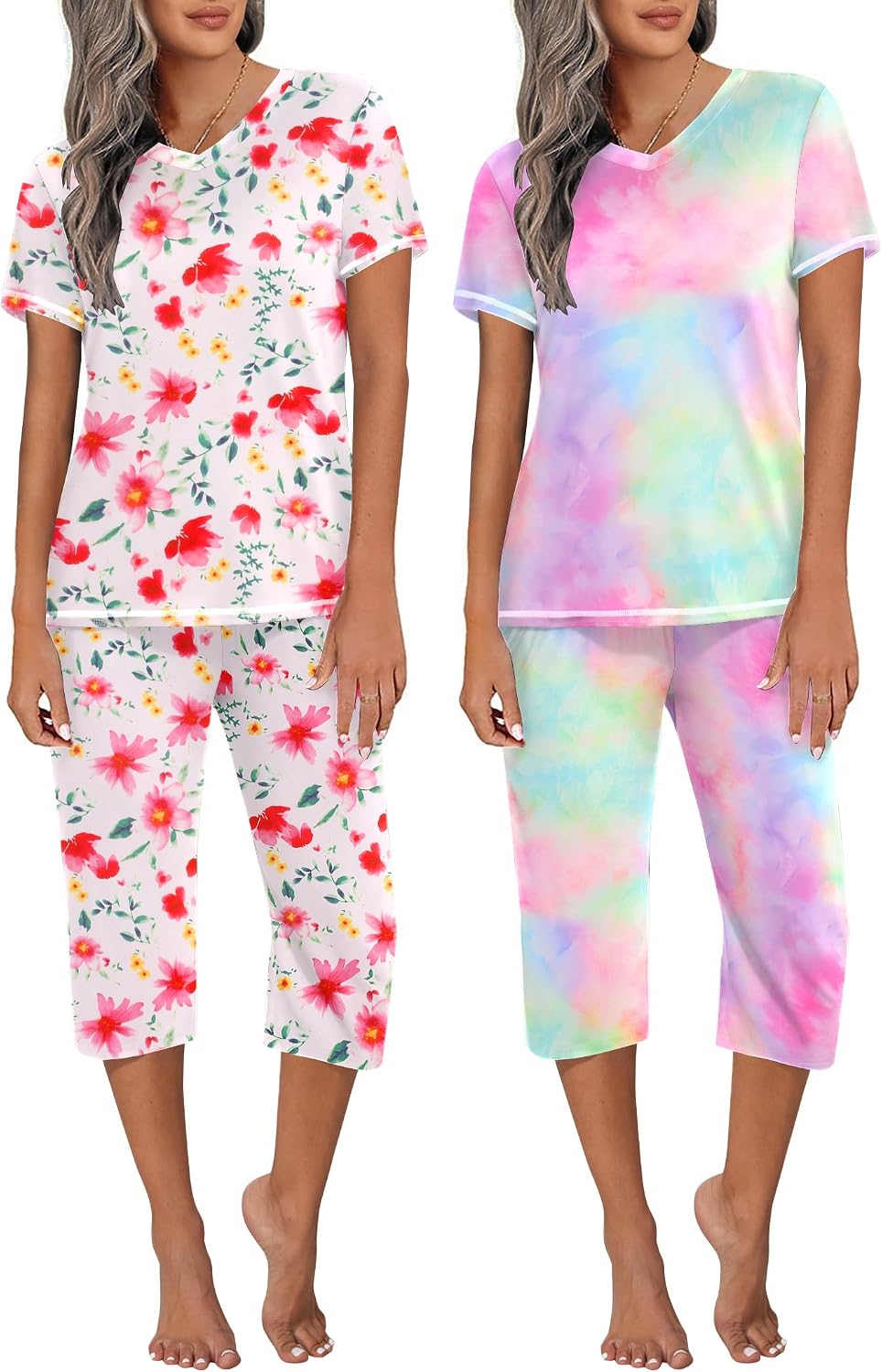 Two-Piece Pjs V Neck Tops & Capri Pants Printed Lounge Sets S-3XL