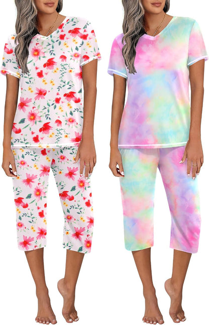 Two-Piece Pjs V Neck Tops & Capri Pants Printed Lounge Sets S-3XL