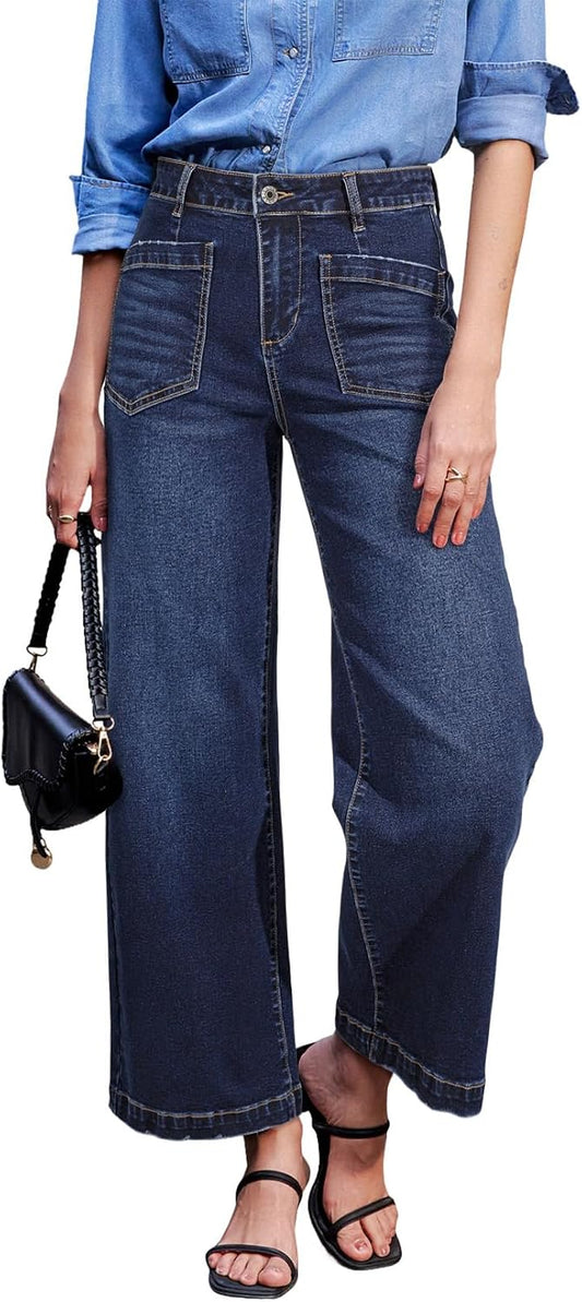 Sidefeel Women's Wide Leg Jeans High Waisted Stretchy Jeans Straight Leg Loose Fit Zimbaplatinum Ankle Denim Pants