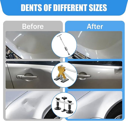128PCS Dent Removal Kit,Paint-Safe Dent Removal Tools, DIY Dent Puller Set with Golden Lifter, T-Bar, Bridge Suction Cup Puller, Rubber Hammer  Glue Gun for Car Dent Removal