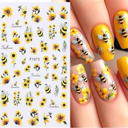 Yellow Bee and Butterfly 3D Self-Adhesive Nail Sticker Summer Fall Winter Nail Art Sticker for Women Girls Manicure Decor