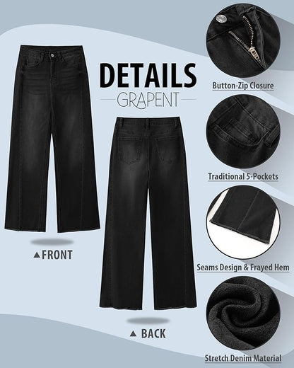 GRAPENT Wide Leg Jeans for Women High Waisted Trendy Strechy Denim Pants Side Seam Frayed Hem Baggy Work Trouser Jeans
