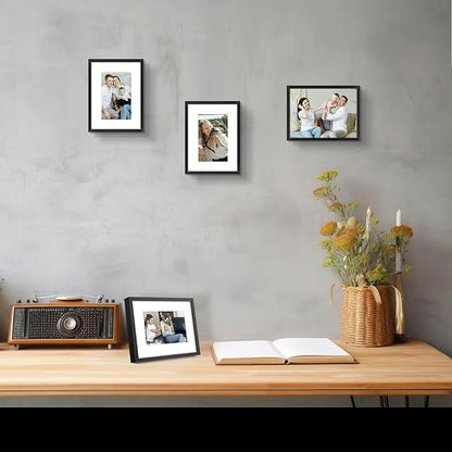 Frametory, 6x8 Aluminum Frames with Mats for 4x6 PicturesPhotos - Real Glass- PortraitLandscape - Horizontal and Vertical Formats for Wall and Table Mounting (Black, 2 Pack)