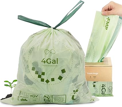 FMP Brands 800 Count 4 Gallon 100 Compostable Trash Bags with Drawstring, Extra Thick 0.8 Mil, Leak-Proof Small Kitchen Garbage Bag, Waste Basket Liners, ASTM D6400, US BPI, OK Compost Certified