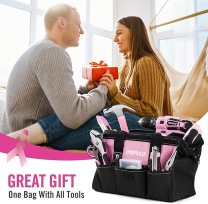 populo Pink Tool Kit 236-Piece with Cordless 20V 2000mAh Power Drill Driver, Lady's Basic Home Tool Set with 12-Inch Pink Tool Bag, Electric Drill Sets Combo Kit for Women, House, DIY
