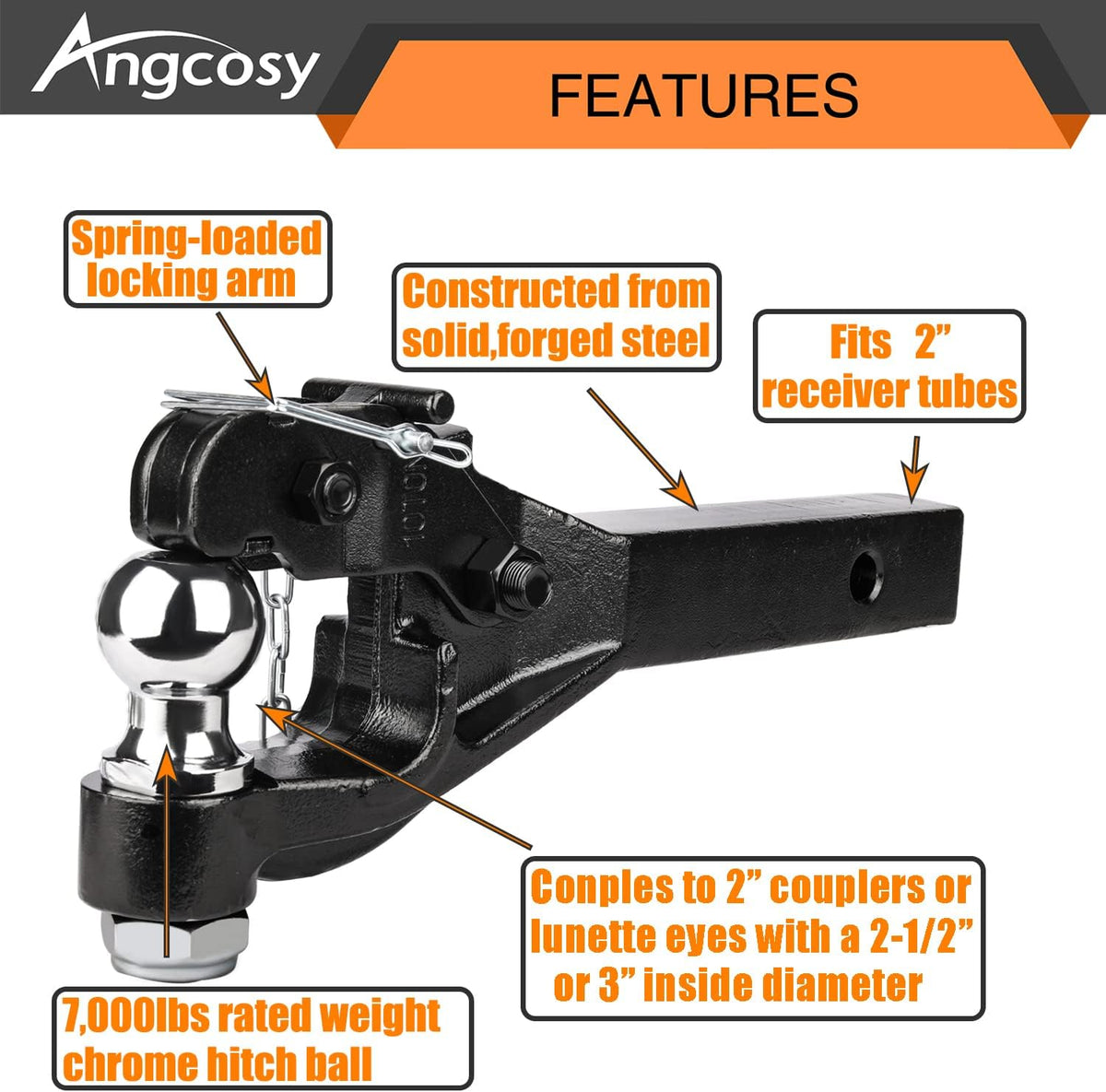 10-Ton Pintle Hook Trailer Hitches Receiver Hook Combination 2” Hitch Ball, 7000 lbs, 15-1/2” Length