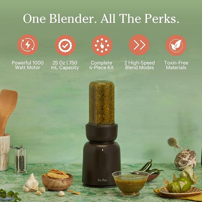 Our Place Splendor Blender - 1000W High-Power  Ultra-Sharp Blades  2 Blending Modes  Includes 25 oz Personal Cup and Drinking Lid Set  Smoothies, Shakes  More  Char