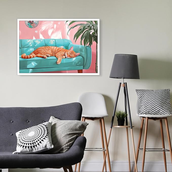 LRCYBMN Trendy Disco Ball Orange Cat Posters Funny Pet Orange Cat Sleeps On The Sofa Canvas Oil Painting Bar Cart Wall Decor Home Room Decor Aesthetics 16X24 in Unframed