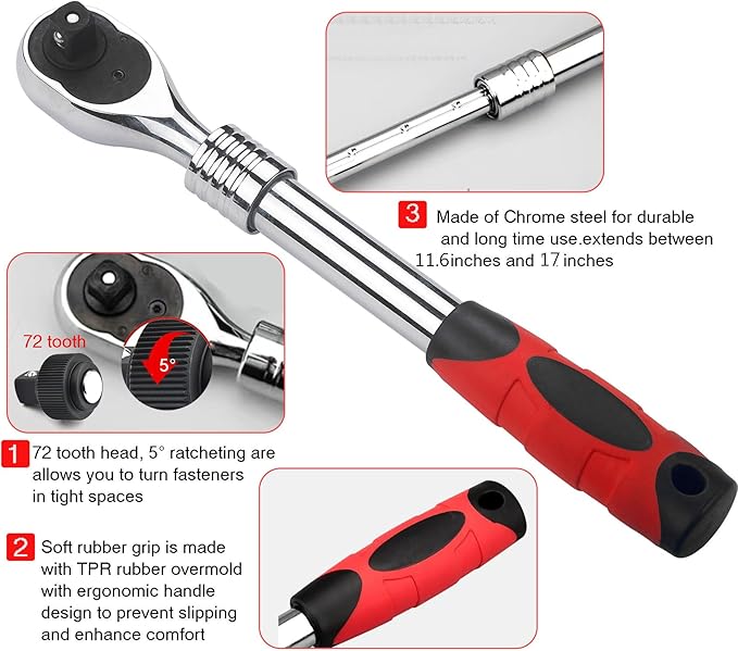 12-Inch Drive Extendable Ratchet Wrench,12" Drive 72-Tooth Quick-release Retractable Socket Wrench Reversible