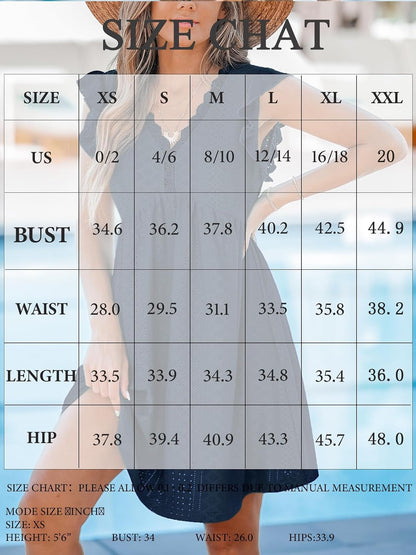 Beach Dress V Neck Cap Flutter Sleeve Lace Hollow Out Pleated Summer Mini Cover Up Dress