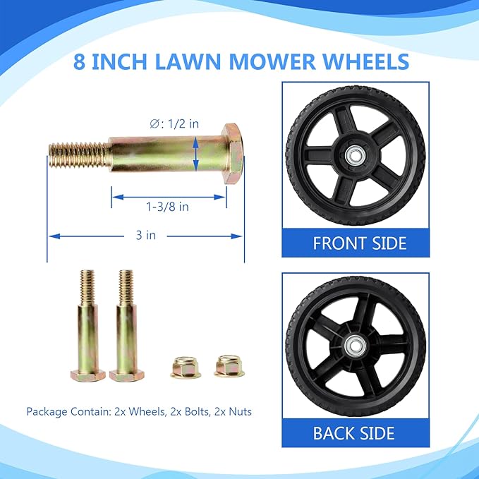 8 Inch Lawn Mower Wheels Wheel kits with Bolts  Nuts - Set of 2 Push Mower Plastic Wheels Fits Craftsman Mower Generator Garden Tiller Most Standard Lawn Mowers (81.75'')