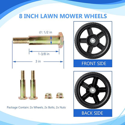 8 Inch Lawn Mower Wheels Wheel kits with Bolts  Nuts - Set of 2 Push Mower Plastic Wheels Fits Craftsman Mower Generator Garden Tiller Most Standard Lawn Mowers (81.75'')