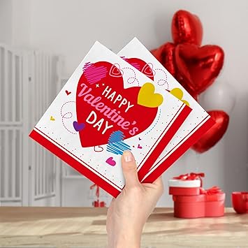 50-Pack Valentine's Day Napkins 3-Ply - Love-Heart Themed Disposable Paper Napkins for Romantic Celebrations - 6.5" Red Heart Napkins Valentine's Day Party Supplies & Decorations