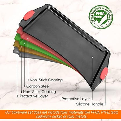 NutriChef Large Nonstick Cookie Sheet for Baking - 17" x 11" Carbon Steel Kitchen Oven Baking Pan, Premium Restaurant Grade Bakeware wRed Silicone Handles - Easy to Clean, Black