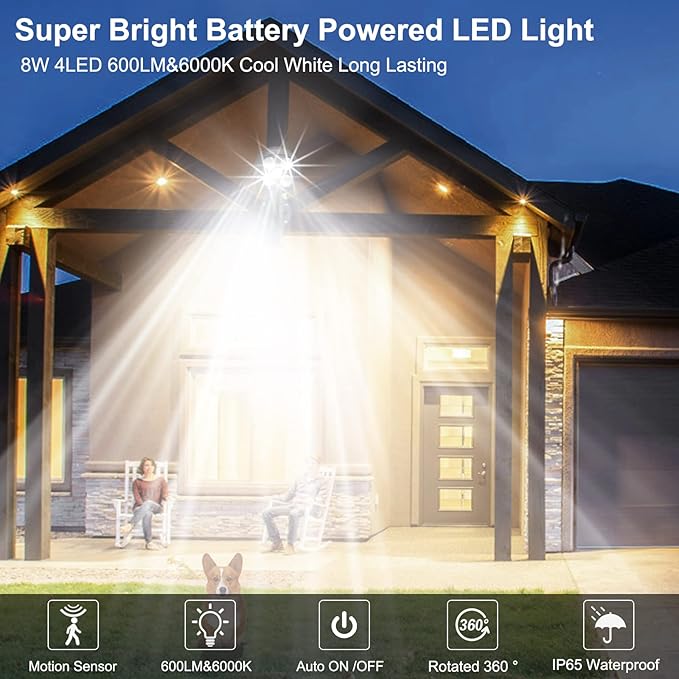 Motion Sensor Outdoor Lights, Battery Motion Sensor Light Outdoor, 6000K LED Spotlight Outdoor, 8W 600 LM Security Lights for Outside Garage and Yard, 1 Pack