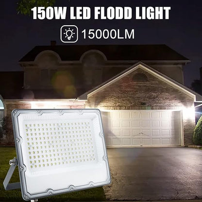 150W LED Flood Lights Plug in, Outdoor Security Lights Fixtures 6500K 15000LM Illumination, IP66 Waterproof White Lighting for Ball Ground, Parking Lot, Pathway, Yard (2 Pack)