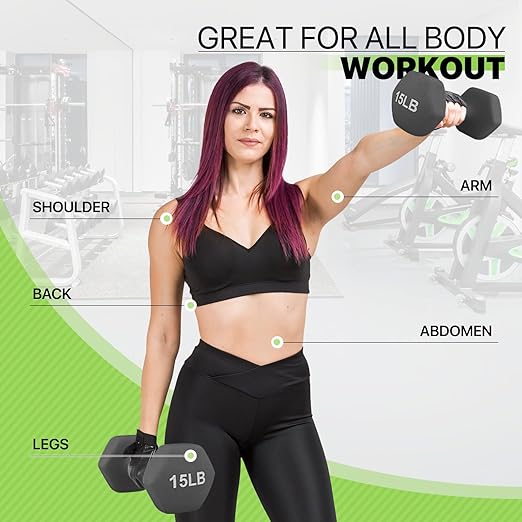 Dumbbells Hand Weights Set, Neoprene Coated Hexagon Workout Dumbbell for Women and Men, 1, 2, 3, 5, 8, 10, 12, 15lbs - Pair