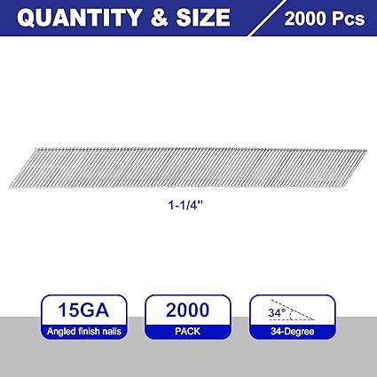 uxcell 2000Pcs 15 Gauge Angled Finish Nails, 1-14" Length, 34-Degree, Galvanized Assorted Size Project Pack for Woodworking Construction, Silver