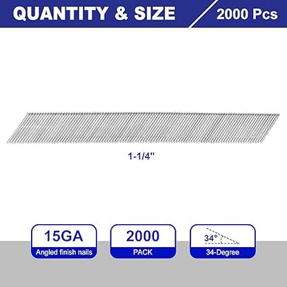 uxcell 2000Pcs 15 Gauge Angled Finish Nails, 1-14" Length, 34-Degree, Galvanized Assorted Size Project Pack for Woodworking Construction, Silver