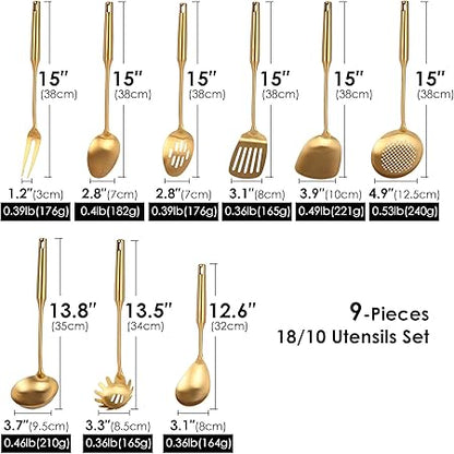 Gold Kitchen Utensils Set - 1810 Stainless Steel Cooking Tools, 15" All Metal Serving Utensils with Fork, SolidSlotted Spoon, Spatula, Ladle, Skimmer, Tunner, Pasta Spoon, Large Spoon, Set of 9