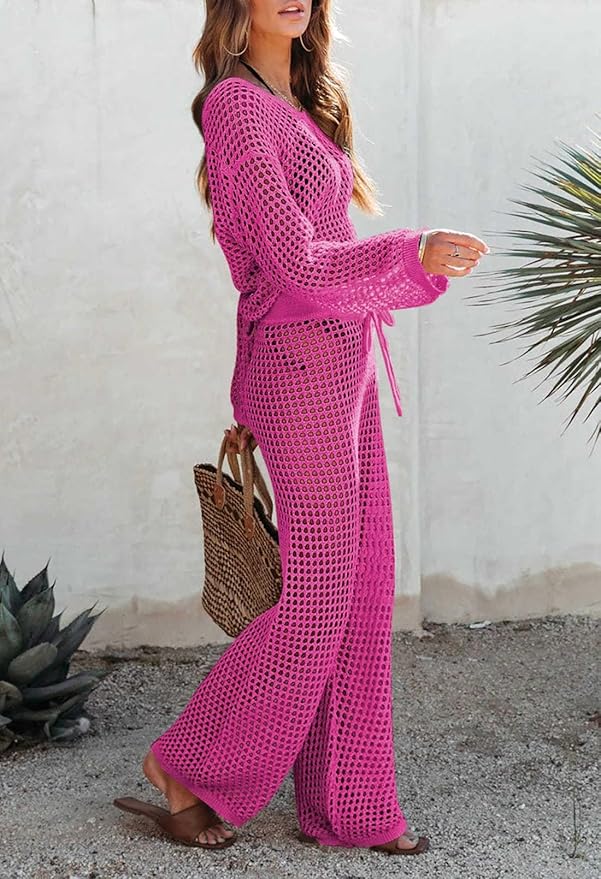 Pink Queen Women's Swimsuit Cover Up Set 2 Piece Crochet Long Sleeve Crop Top Wide Leg Pants Beach Coverups Outfits