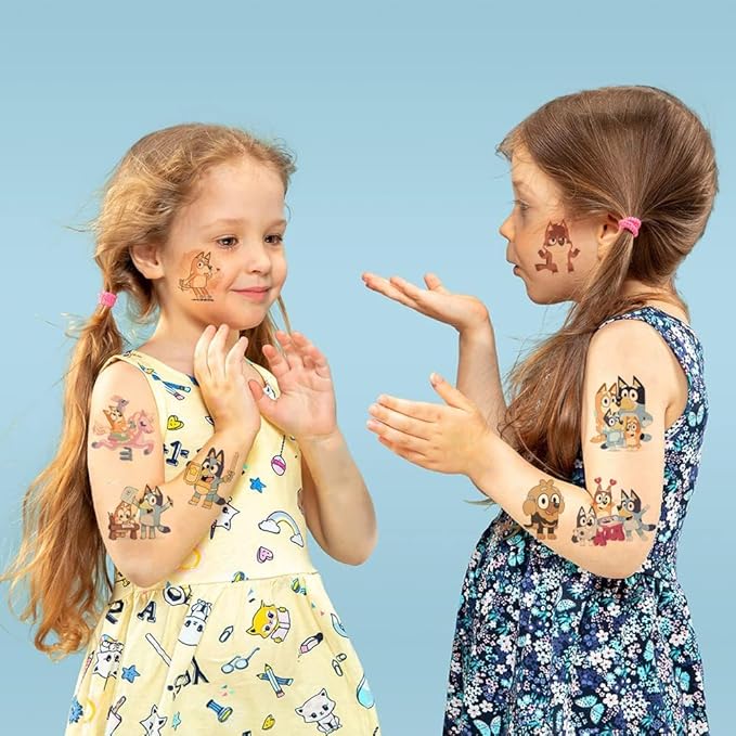 Temporary Tattoo Set for Kids Bluey,4 Sheets Kids Tattoos Stickers for Kids Birthday Gift Bags for Kids, Thoughts for Girls and Boys