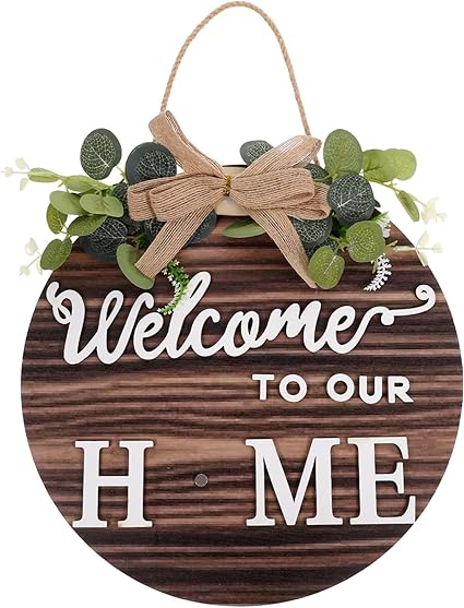 LUOZZY Wooden Welcome to Our Home Hanging Sign for Front Door Interchangeable Farmhouse Welcome Sign Rustic Wooden Hanging Sign with Changeable Ornaments
