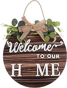 LUOZZY Wooden Welcome to Our Home Hanging Sign for Front Door Interchangeable Farmhouse Welcome Sign Rustic Wooden Hanging Sign with Changeable Ornaments