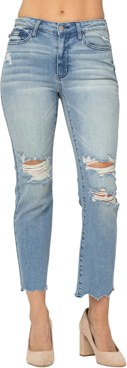 Judy Blue Women's Mid-Rise Destroyed Tinted Wash Cropped Straight-Leg Jeans 88512