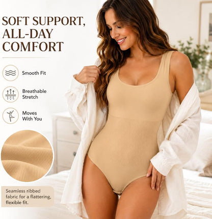 Large Size, JANSION Shapewear Bodysuit for Women Tummy Control Seamless Body Shaper Scoop Neck Tank Thong Bodysuit with Closure Underwear.