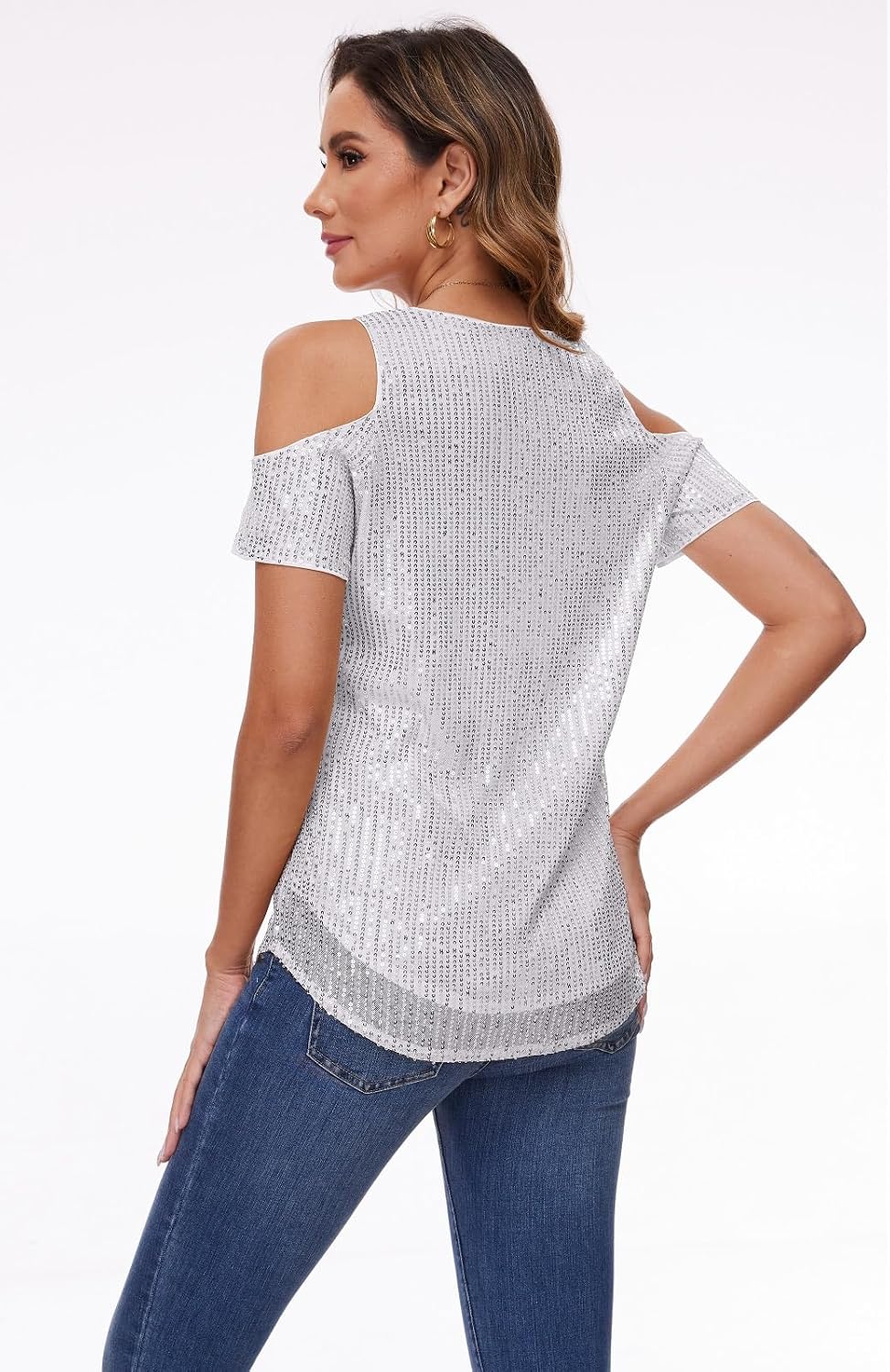 BILIKE JOMEX Womens Sparkly Sequin Top V Neck Cold Shoulder Glitter Short Sleeve Dressy Party Blouse Shirts.