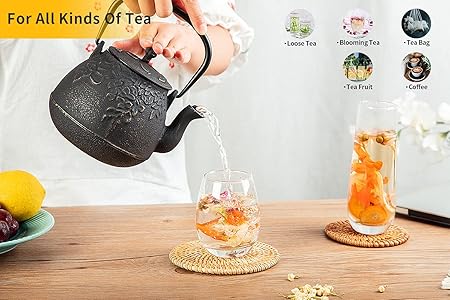 Tea Kettle, TOPTIER Japanese Cast Iron Tea Pot for Stove Top, Cast Iron Teapot Humidifier for Wood Stove, Leaf Design Tea Kettle Coated with Enameled Interior for 32 Ounce (950 ml), Black