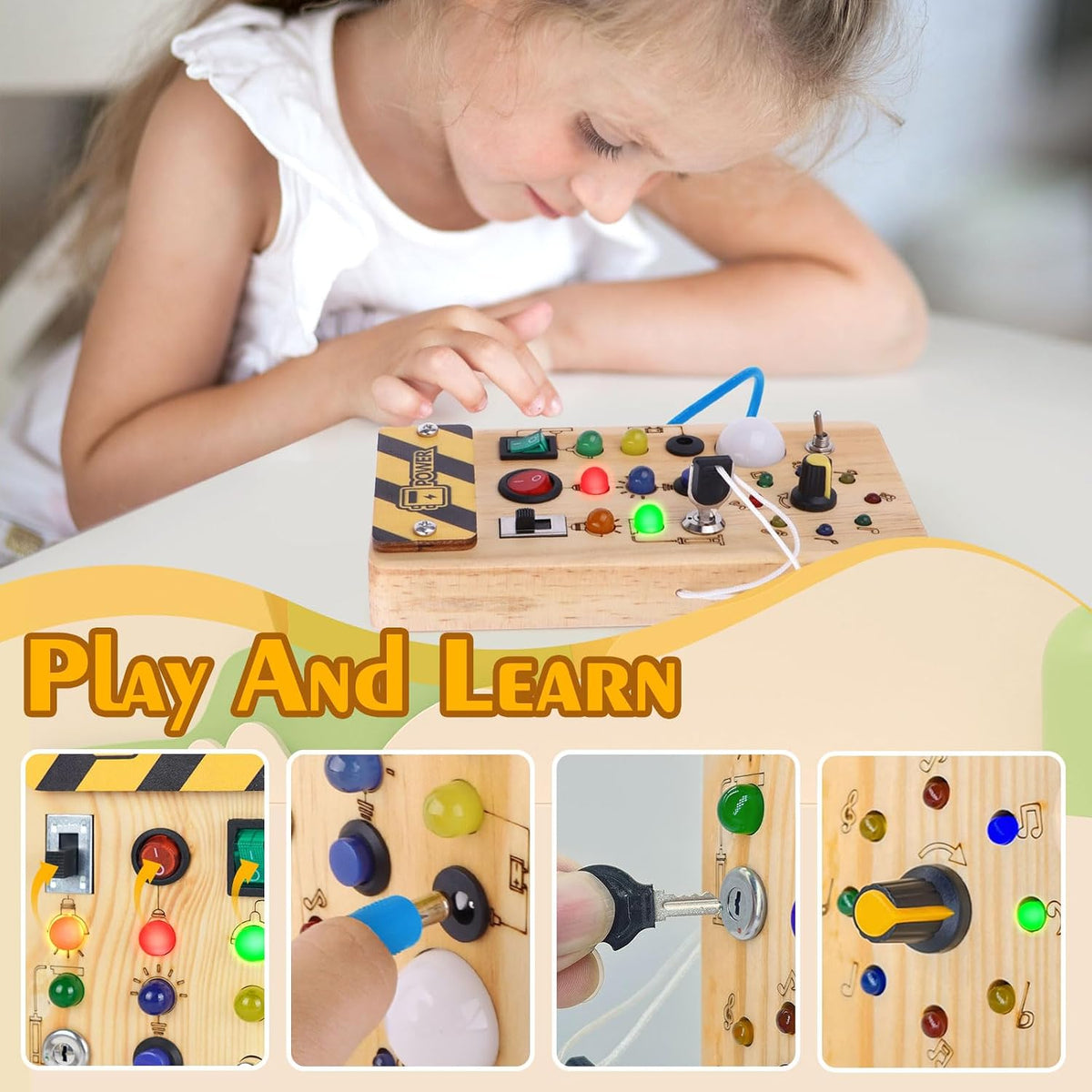 Hoarosall Montessori Toddler Busy Board, Baby Wooden Busy Board with 8 LED Light Switches, Sensory Light Switch Toys for 1+ Year Old Baby and Toddler