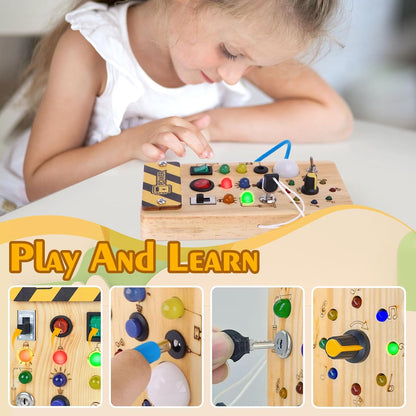 Hoarosall Montessori Toddler Busy Board, Baby Wooden Busy Board with 8 LED Light Switches, Sensory Light Switch Toys for 1+ Year Old Baby and Toddler