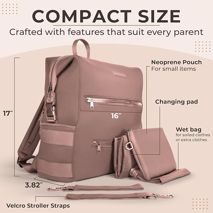 Neoprene Diaper Bag, Minimalist Backpack Diaper Bag with Pouch, Changing Pad, and Stroller Straps, Water Resistant and Lightweight Baby Girl Diaper Bag, Diaper Bag Backpack, Mauve