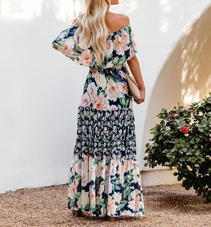 Womens Off Shoulder Boho Floral Maxi Dress 2025 Belted Cinched Waist A-line Dresses Summer Vacation Beach Outfits for Women