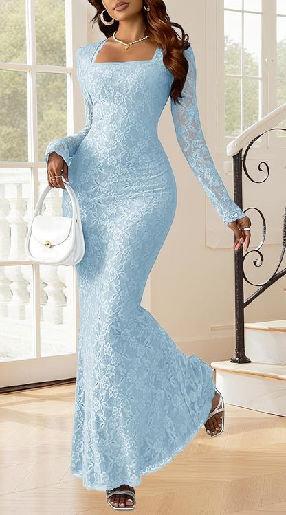 SHEIN , Dusty Blue Women Bodycon Maxi Dress Elegant Square Neck Long Sleeve Floral Lace Sexy Wedding Guest Cocktail Long Dresses New.