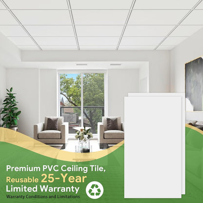 24"x48" Smooth Drop Ceiling Tiles Waterproof High-Grade PVC Ceiling Tiles 2x4 Fire-Rated - Easy Drop-in Installation - Case of 10 (80 sq. ft.)