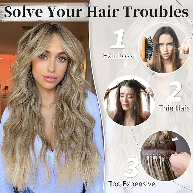 KooKaStyle Invisible Wire Hair Extensions with Transparent Wire Adjustable Size 4 Secure Clips Long Wavy Secret Synthetic Hairpiece 20 Inch for Women(Ash Brown mix Bleach Blonde)
