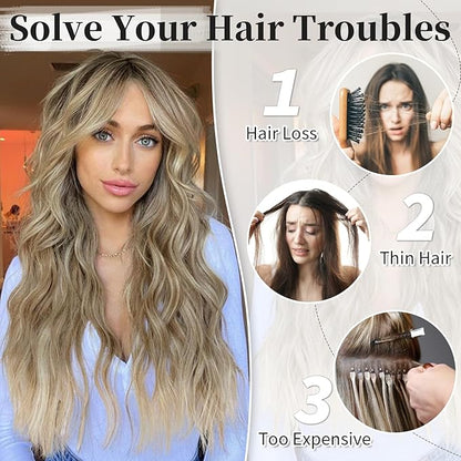 KooKaStyle Invisible Wire Hair Extensions with Transparent Wire Adjustable Size 4 Secure Clips Long Wavy Secret Synthetic Hairpiece 20 Inch for Women(Ash Brown mix Bleach Blonde)