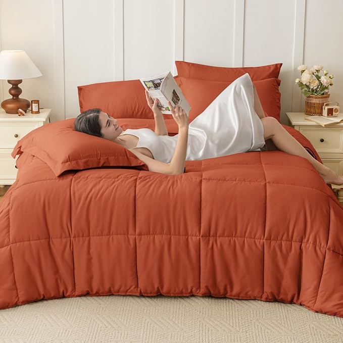 JOLLYVOGUE Queen Comforter Set, Ultra-Soft Queen Size Comforter Sets, 7-Piece Bed in a Bag, Goose Down Alternative, Oeko-TEX Certified, Sheets  Pillowcases, Burnt Orange
