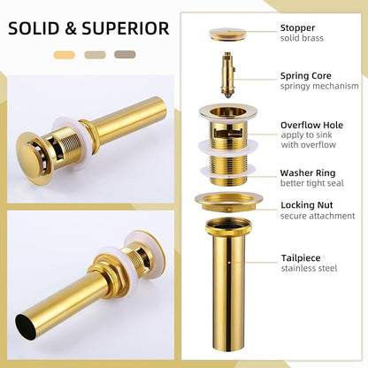 Angle Simple Sink Drain Stopper, Brass Bathroom Sink Stopper Replacement, Pop Up Drain with Overflow Hole, Deep Titanium Gold