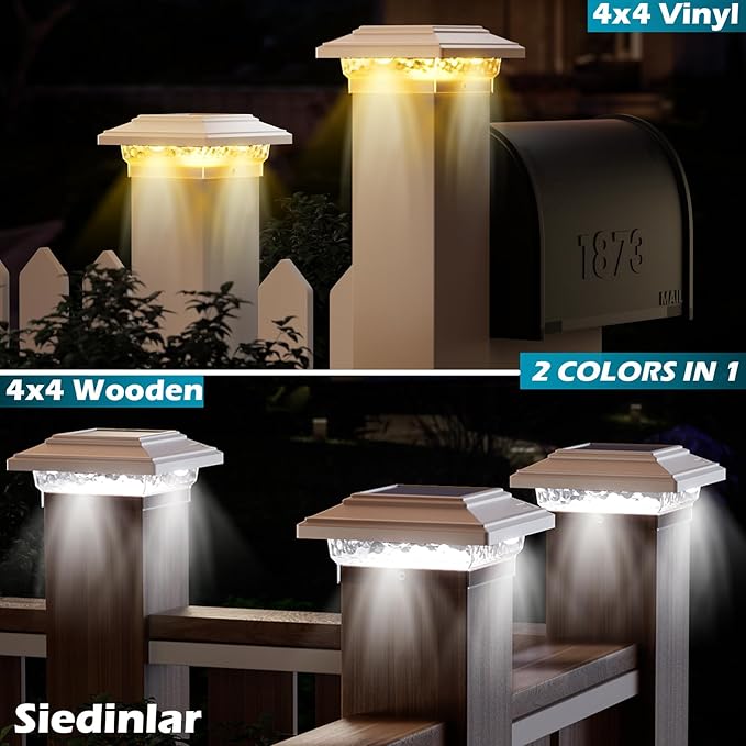 SIEDiNLAR 5.5x5.5 inch Solar Post Lights 50 Lumens 2 Modes, Post Caps Light Outdoor Waterproof for 5.5x5.5 Vinyl Wooden Posts, Deck Fence Garden Patio Decor, Warm/White Lighting (White,1 Pack)