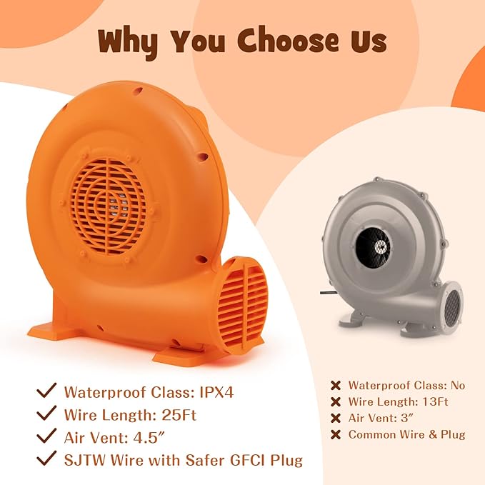 Costzon Air Blower, 380W 0.5HP Bounce House Blower with 25 FT SJTW Wire & Stakes, IPX4 Air Blower for Inflatables, ETL, GFCI Plug, Perfect for Inflatable Bouncer Blower, Jumper, Bouncy Castle Orange