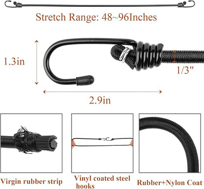 48 inch Black Bungee Cords with Hooks, 2 Pack