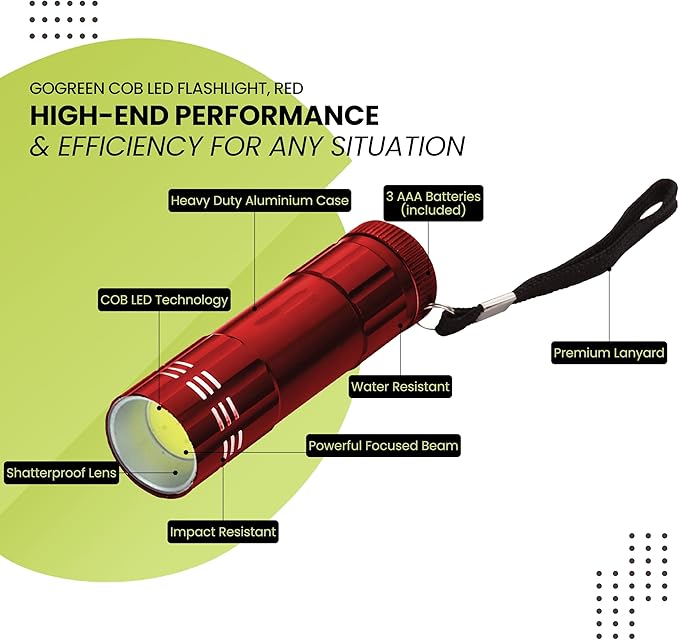 GoGreen Power GG-113-COBRD - COB LED Flashlight with batteries, Red