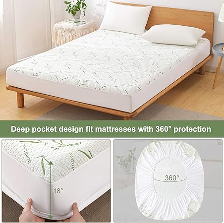 Queen Rayon made from Bamboo Waterproof Mattress Pad Cover, Soft Breathable Cooling Mattress Pad Cover, Waterproof Mattress Protector Stretches up to 21 Deep Pocket Tightly Fitted Mattress Protection