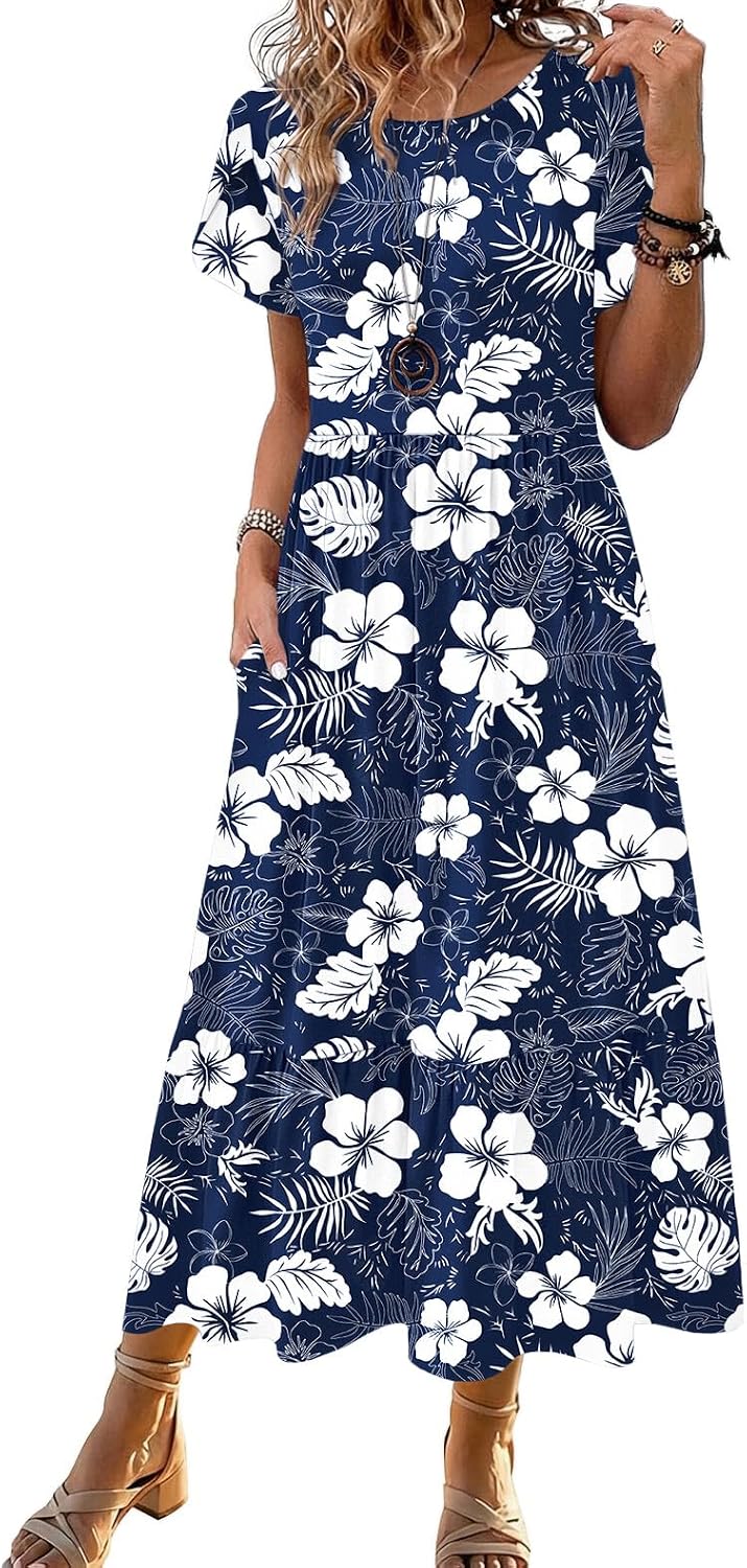 HOTOUCH Summer Dresses for Women 2026 Casual Midi Boho T Shirt Dress Ladies Sundress Aline Long Beach Vacation Clothes
