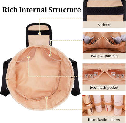 Large Barrel Drawstring Makeup Bag,Lay Travel Makeup Bag,Portable Cosmetic Bag Travel Bags Toiletry Bags for Travel Toiletries Accessories Essentials(Khaki)
